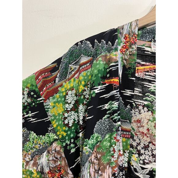 Japanese Made Washable Rayon Kimono L Artsy Maximalist Travel Scenic Boho Ukiyoe - Picture 5 of 12